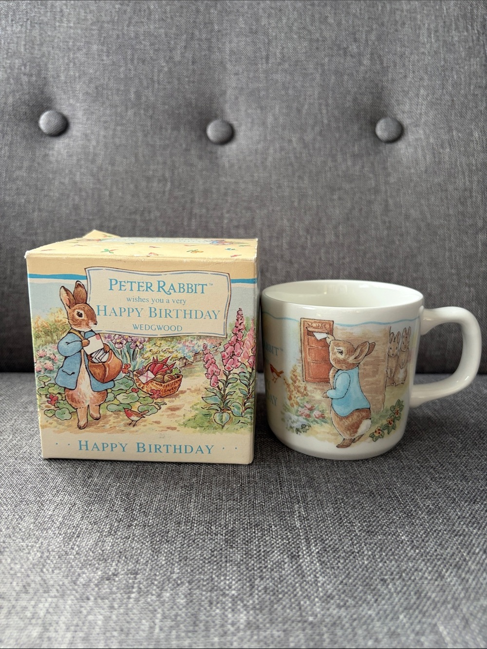 Beatrix Potter Wedgwood 1996 Peter Rabbit Happy Birthday Mug - Blue, Cream